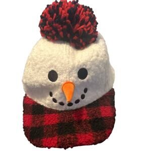 GUC Holiday Time Adjustable Sherpa Snowman Hat Buffalo Plaid Yarn Ball One Size